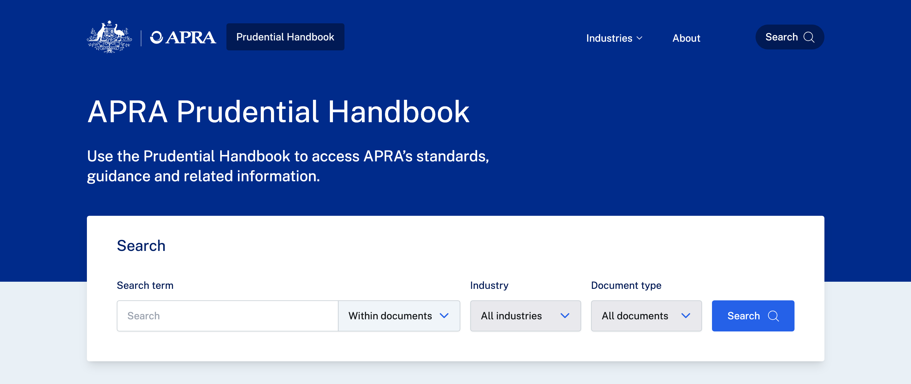 Screenshot from a web browser of the APRA Prudential Handbook home page.