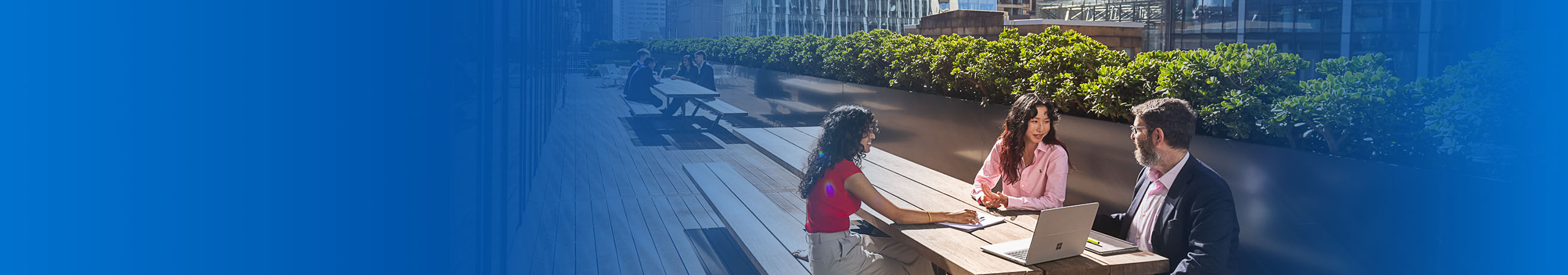 Two group of people sitting on a sunny deck for discussions