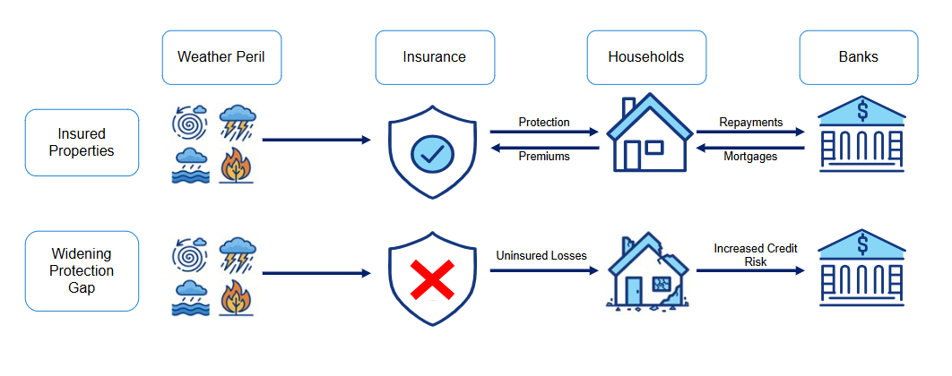 3. Flowchart showing two scenarios. Top: Insured properties face weather perils, get insurance protection, and households make repayments to banks. Bottom: Uninsured properties face losses, increasing credit risk for banks.