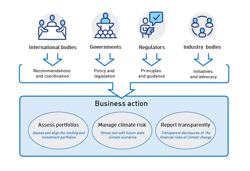 International bodies are responsible for recommendations and coordination Governments are responsible for policies and legislation Regulators are responsible for principles and guidance Industry bodies are responsible for initiatives and advocacy All of this leads to business action, which comprises: Assess portfolios: Assess and align the lending and investment portfolios Manage climate risk: Stress test with future state climate scenarios Report transparently:  Transparent disclosures of the financial ris