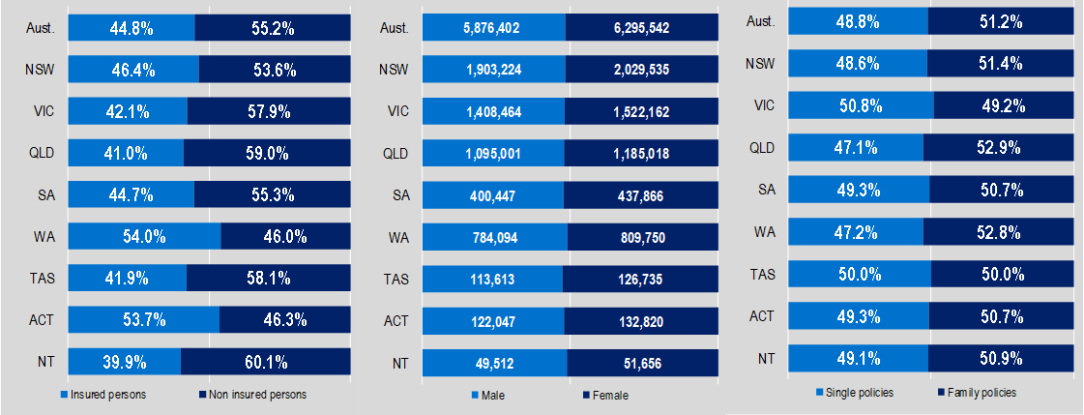 Hospital Treatment table, As at 31 March 2024, Insured and non-insured person by state and territory, Male and female and single policies and family policies by state and territory.