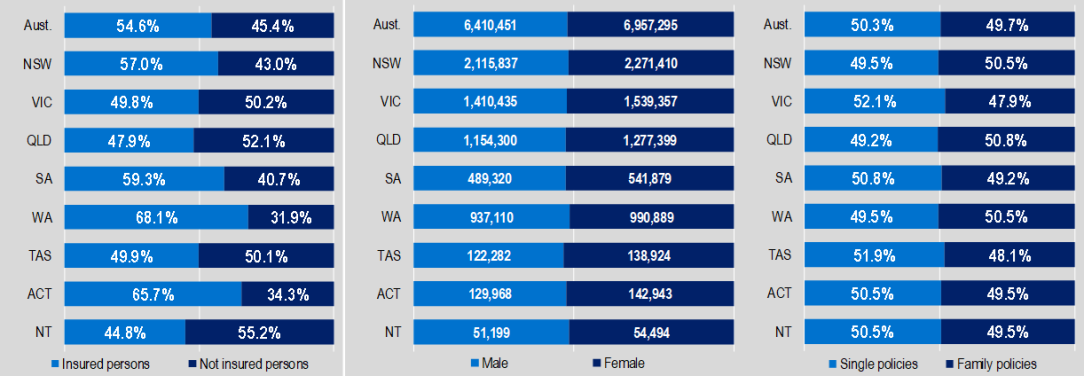 General Treatment table (ancillary) table as at 31 March 2024, Insured and non-insured person by state and territory, Male and female and single policies and family policies by state and territory.