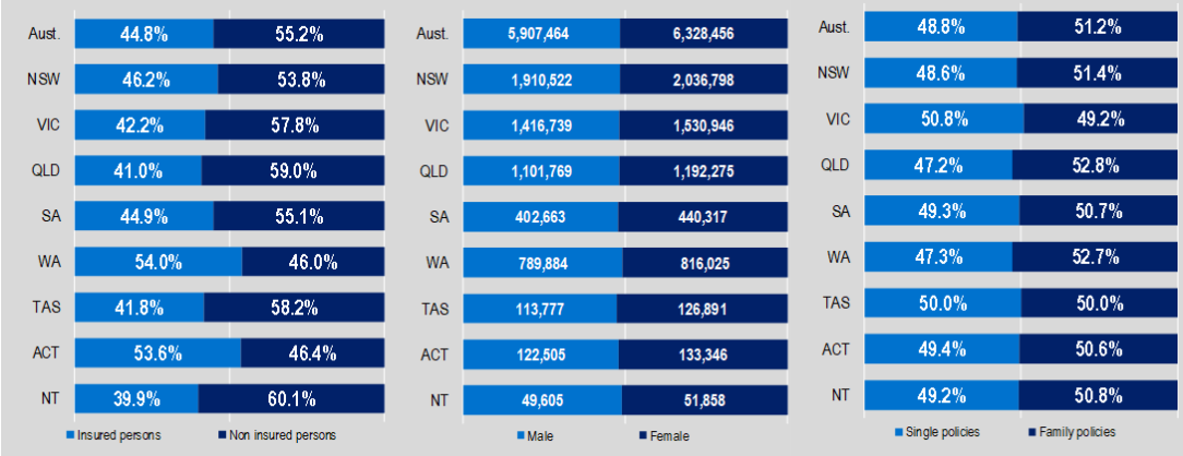 Hospital Treatment table, As at 30 June 2024, Insured and non-insured person by state and territory, Male and female and single policies and family policies by state and territory.