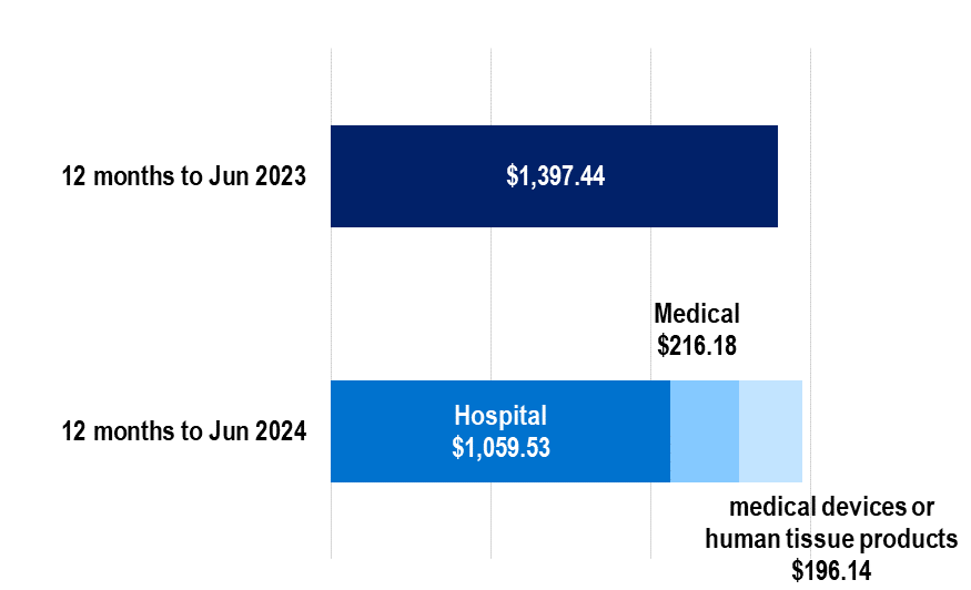 Hospital treatment benefits per person, the largest amount of benefits per person was spent on hospital accommodation and medical, followed by medical services and then prostheses benefits.