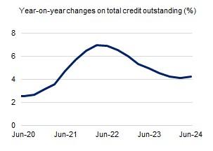 This chart shows year-on-year growth in total credit outstanding from June 2020 to June 2024. The annual growth rate in credit outstanding peaked at 7.0 per cent during the March 2022 quarter, and was 4.2 per cent for the June 2024 quarter.