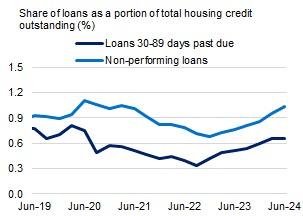 This chart shows non performing loans and loans 30-89 days past due, both as a share of total credit outstanding from June 2019 to June 2024. Non-performing loan shares were 1.0 per cent, and loans 30-89 days past due shares were 0.66 per cent during the June 2024