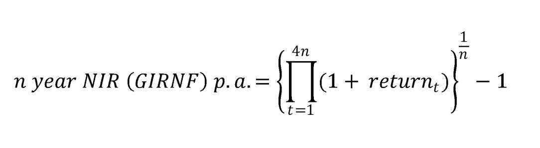 Where return t is the quarterly Net Investment Return / Gross investment return net of fees for quarter t and n is either 3 years, 5 years, 7 years or 10 years