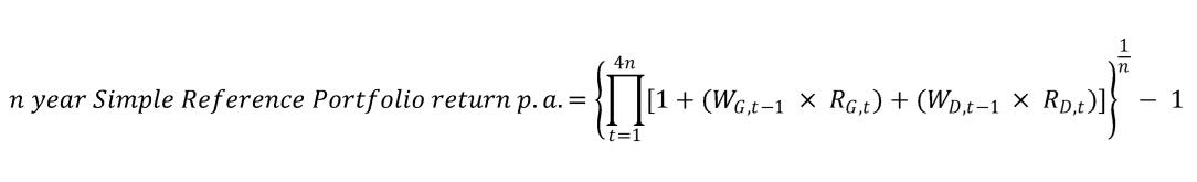 W_(G,t-1)and W_(D,t-1 )are the investment option’s strategic allocation to growth and defensive assets at end of quarter t -1 (or start of quarter t);  R_(G,t) and R_(D,t)  is the quarterly index return of the growth and defensive portion of the SRP (adjusted for fees and taxes) to time t;  n is either 3 years, 5 years, 7 years or 10 years