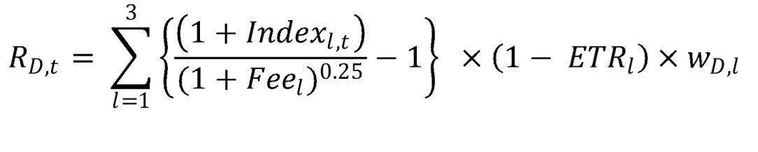 Index_(l,t) is the quarterly return on the index chosen to reflect asset class l for quarter t;  Fee_l is the annualised fee assumed for asset class l;  ETR_l is the assumed effective tax rate for asset class l;  w_(D,l) is the weight to asset class l in the Defensive portfolio. The asset classes in Defensive portfolio are Australian fixed interest, International fixed interest (hedged) and Cash.