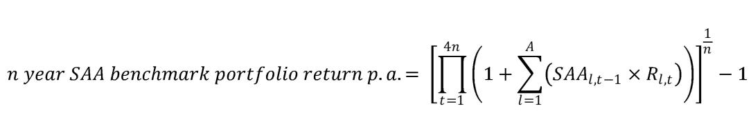 n year SAA benchmark portfolio return p.a.= [∏_(t=1)^4n▒(1+∑_(l=1)^A▒(〖SAA〗_(l,t-1)×R_(l,t) ) ) ]^(1/n)-1