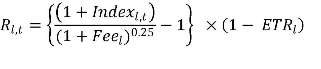 〖Index〗_(l,t) is the quarterly return on the index chosen to reflect asset class l for quarter t,  〖Fee〗_l is the annualised fee assumed for asset class l,  〖ETR〗_l is the assumed effective tax rate for asset class l