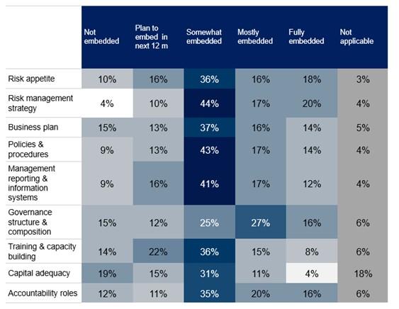 Heatmap showing whether climate risk have been fully embedded, most embedded, somewhat embedded, plans to embed in next 12 months, or not embedded across elements of the risk management framework. The risk management strategy is the element with the highest portion fully embedded (20%). Across all elements, it is most common to have somewhat embedded climate risk; aside from governance structure and composition where a greater portion have mostly embedded climate risk