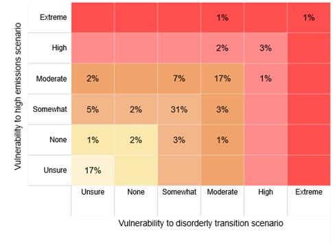 Chart showing vulnerability to a high emissions and disorderly transition scenario, across categories of unsure, none, somewhat, moderate, high, and extreme. 31 percent of respondents considered their entity somewhat vulnerable to both, 17% moderately vulnerable to both, while 17% were also unsure of their vulnerability to either. 