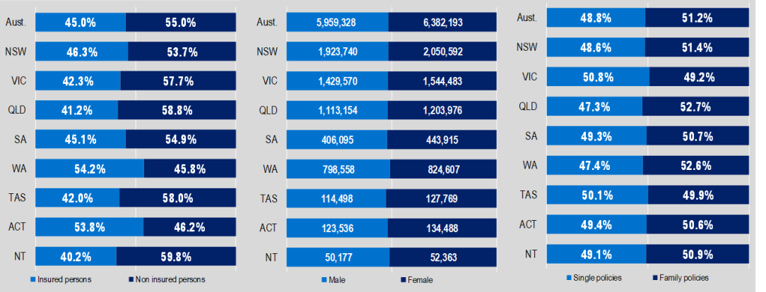 Hospital Treatment table, As at 30 September 2024, Insured and non-insured person by state and territory, Male and female and single policies and family policies by state and territory.