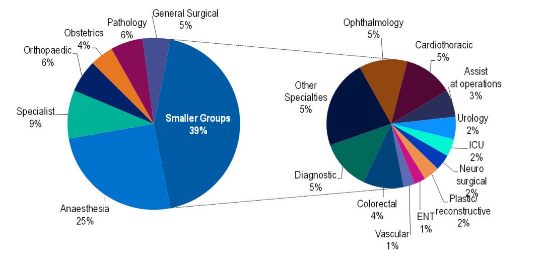 Medical benefits by Speciality group for the September 2024. The medical service for which the greatest number of benefits was paid was anaesthetics, comprising 25 % of all medical benefits. 