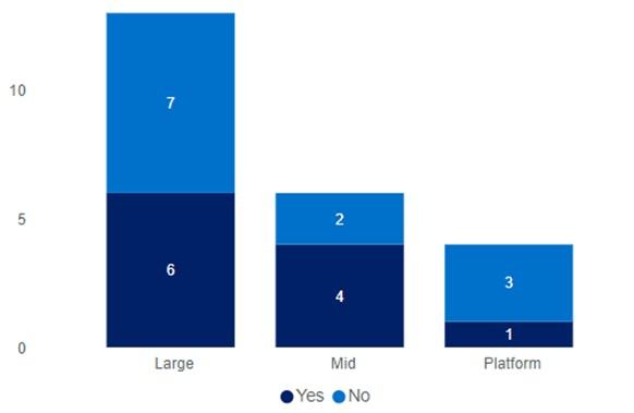 Figure 3. Implementation of a dedicated valuation committee (number of RSE licensees) Stacked column chart, where each column represents the number of entities.  3 columns, large entities, mid entities, platform entities. Dark blue represents the RSEL having a valuation committee and blue represents it not. 6 large are yes. 7 large are no. 4 mid are yes. 2 mid are no. 1 platform is yes. 3 platforms are no.