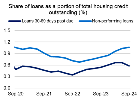 This chart shows non performing loans and loans that are 30-89 days past due, both as a share of total credit outstanding from September 2020 to September 2024. Non-performing loan shares were 1.06 per cent of total credit outstanding, and loans that were 30-89 days past due fell to 0.58 per cent during September 2024.