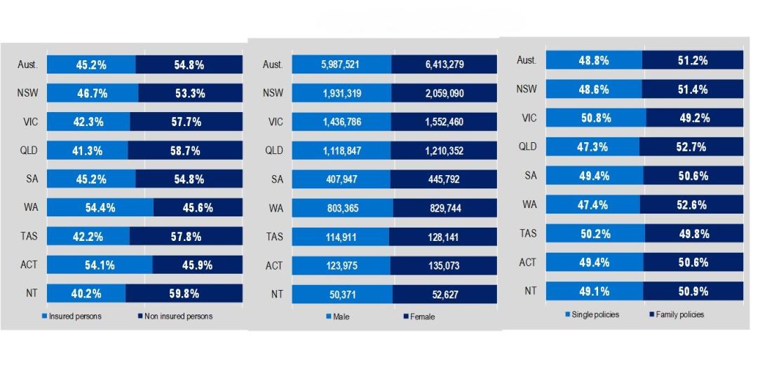 Hospital Treatment table, As at 31 December 2024, Insured and non-insured person by state and territory, Male and female and single policies and family policies by state and territory.