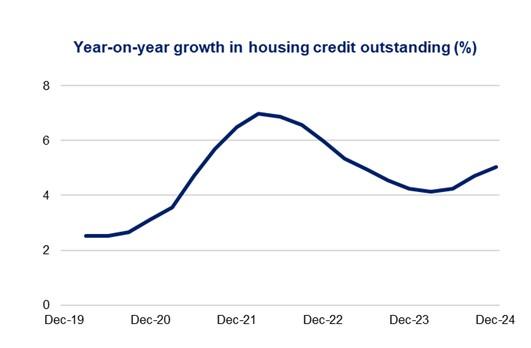 This chart shows year-on-year growth in total credit outstanding from December 2019 to December 2024. The annual growth rate in credit outstanding peaked at 7.0 per cent during the March 2022 quarter, and was 5.05 per cent for the December 2024 quarter.