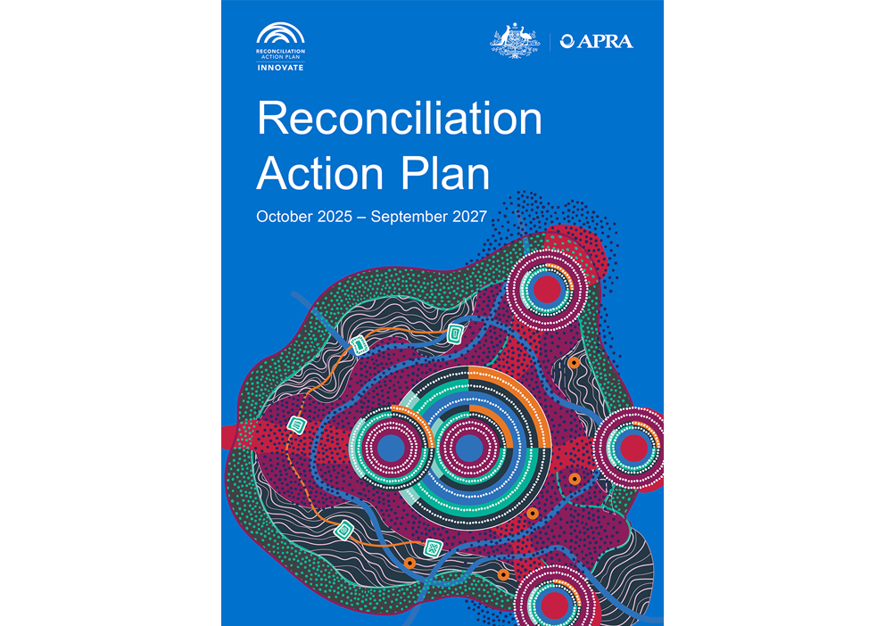 Reconciliation Action Plan cover from October 2025 to September 2027 featuring Indigenous art on a blue background.