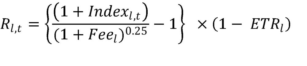 〖Index〗_(l,t) is the quarterly return on the index chosen to reflect asset class l for quarter t,  〖Fee〗_l is the annualised fee assumed for asset class l,  〖ETR〗_l is the assumed effective tax rate for asset class l