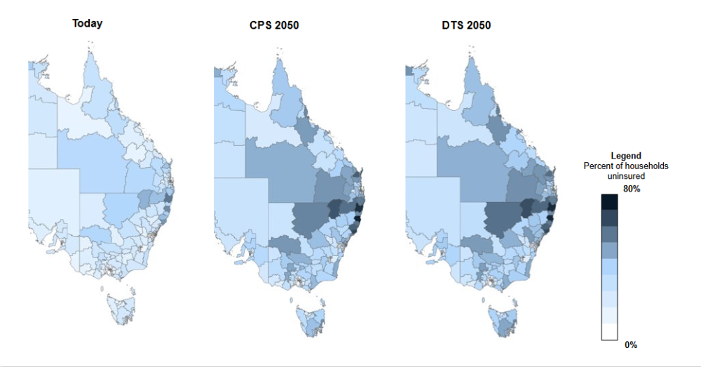 Three Australia maps show percent of uninsured households today and under CPS and DTS 2050.