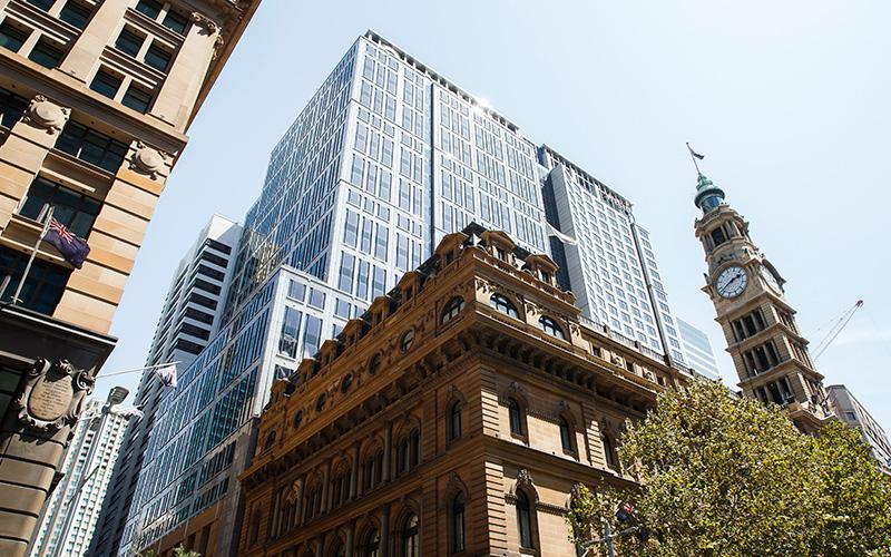 low angle view of Sydney 1 Martin place, corporate buildings and clock tower.